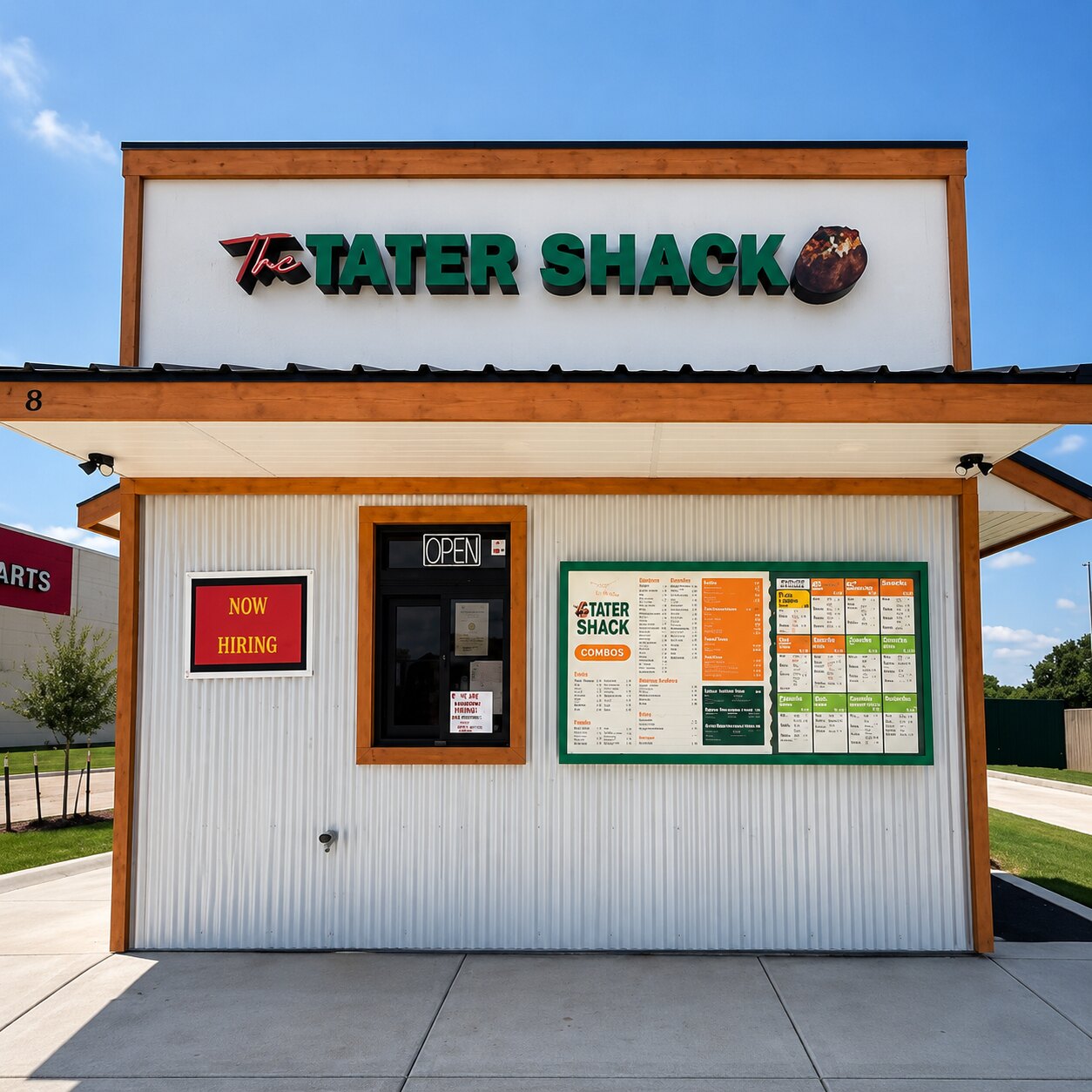 The Tater Shack storefront in DeSoto, Texas with the menu board and OPEN sign